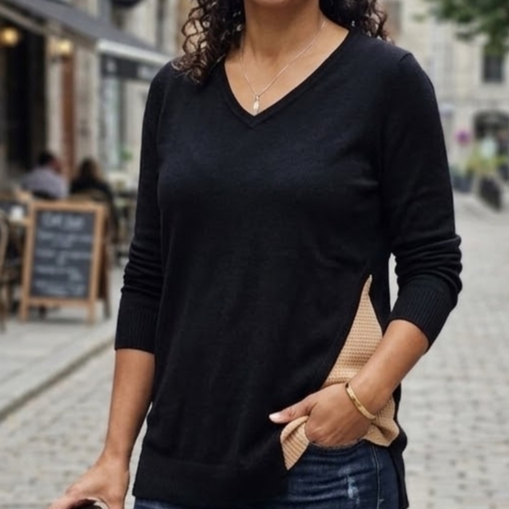 Chico's Black V-Neck Sweater with Tan Details